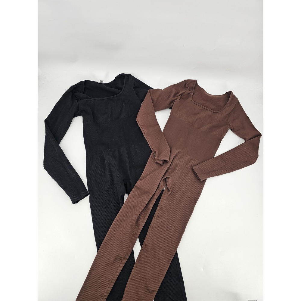 LOT OF 2 UNBRANDED BODYSUIT JUMPER LONG SLEEVE WOMEN'S‎ SIZE MEDIUM BLACK/BROWN